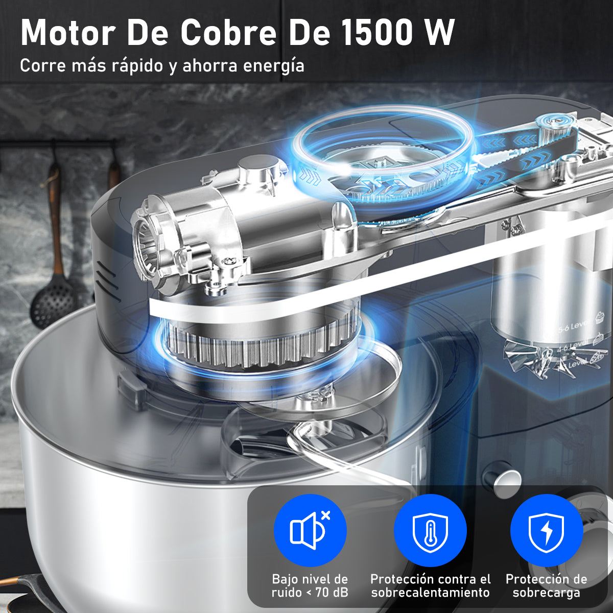SDYJ6GSW Batidora de Pedestal, negro,6 Velocidades, 1500W, Turbo, Acero Inoxidable, 5 Litros, 3 Accesorios Incluidos