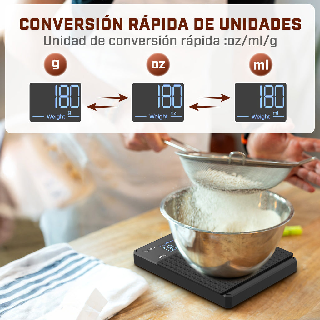Mera House Báscula de Café Digital, Alta Precisión 3 kg/0,1 g, USB Recargable, Pantalla LED con Temporizador, Unidades g, oz, ml, Báscula para Café, Cocina y Hornear