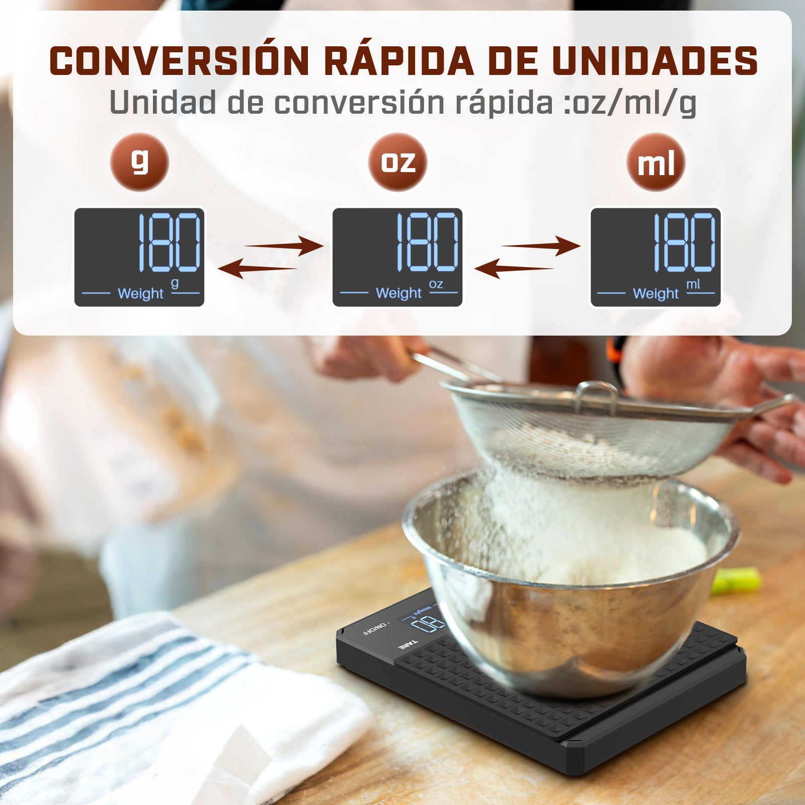 Mera House Báscula de Café Digital, Alta Precisión 3 kg/0,1 g, USB Recargable, Pantalla LED con Temporizador, Unidades g, oz, ml, Báscula para Café, Cocina y Hornear