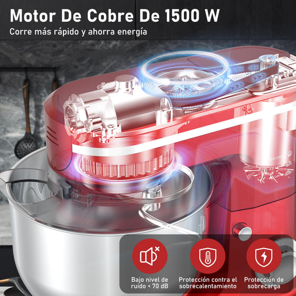 SDYJ6GSW Batidora de Pedestal, rojo,6 Velocidades, 1500W, Turbo, Acero Inoxidable, 5 Litros, 3 Accesorios Incluidos