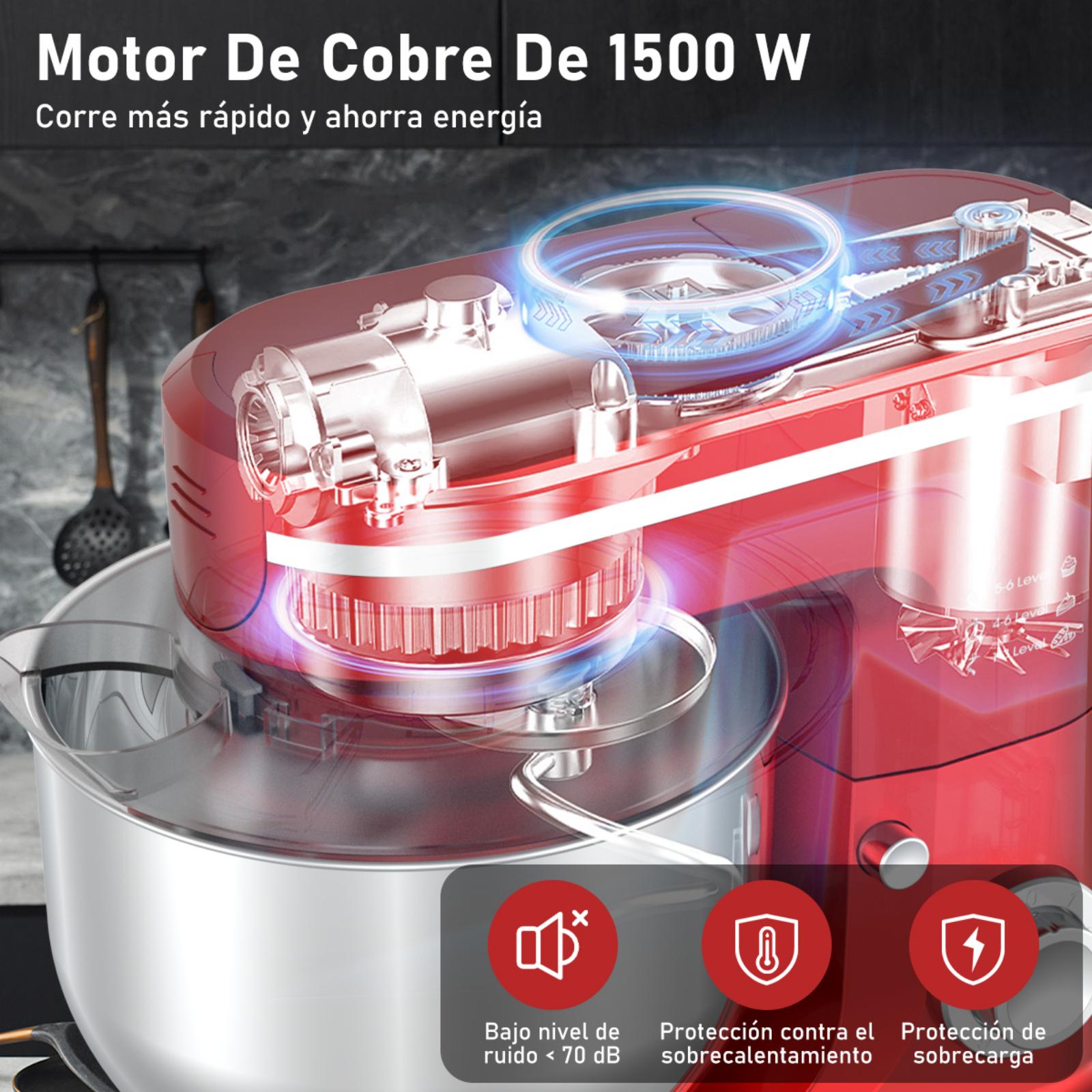 SDYJ6GSW Batidora de Pedestal, rojo,6 Velocidades, 1500W, Turbo, Acero Inoxidable, 5 Litros, 3 Accesorios Incluidos