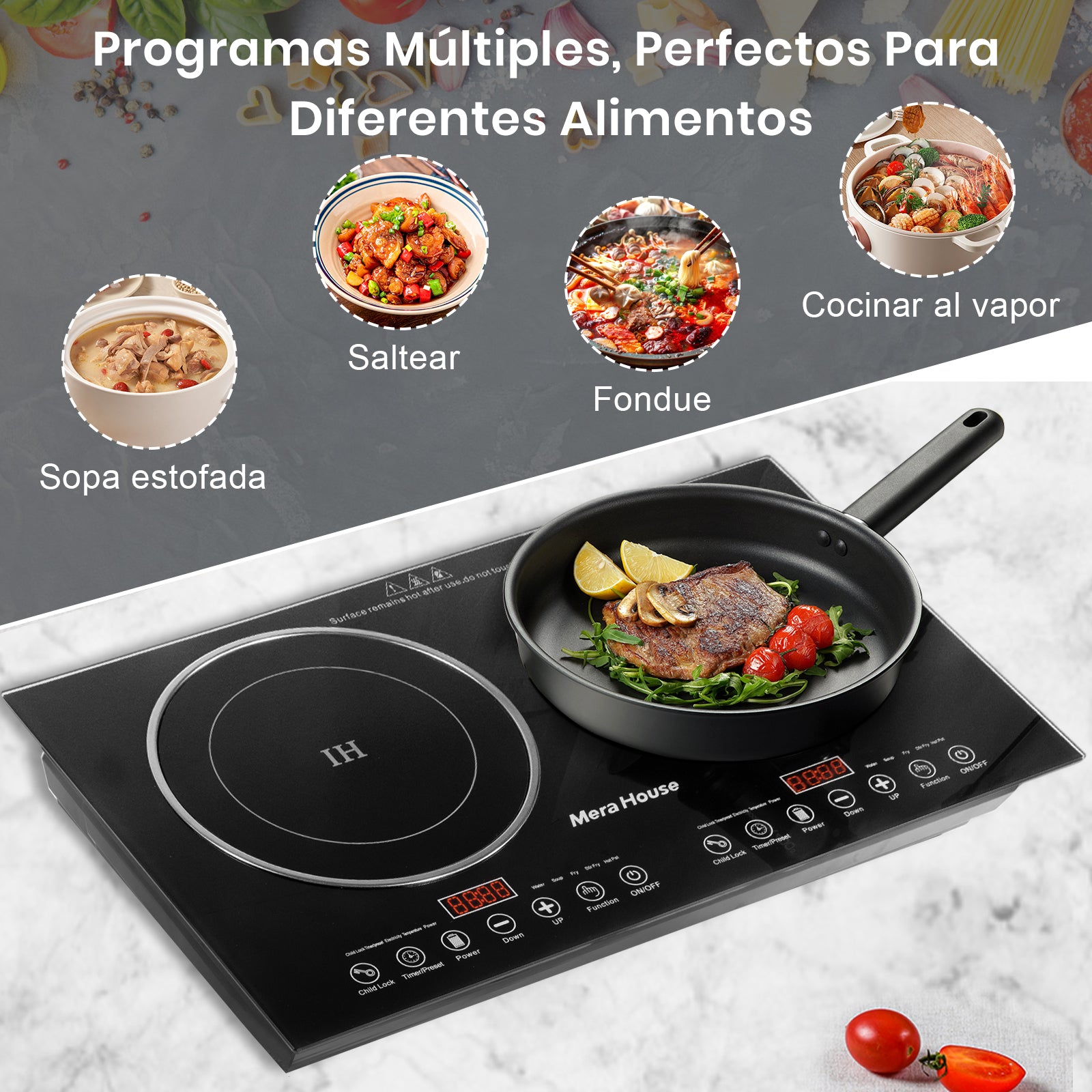 Mera House Parrilla de Inducción 2 Quemadores 2200W, Estufa de Inducción con 10 Niveles + 10 Programas Táctiles, Panel de Vidrio Microcristalino Negro Antiarañazos, Fácil Limpieza