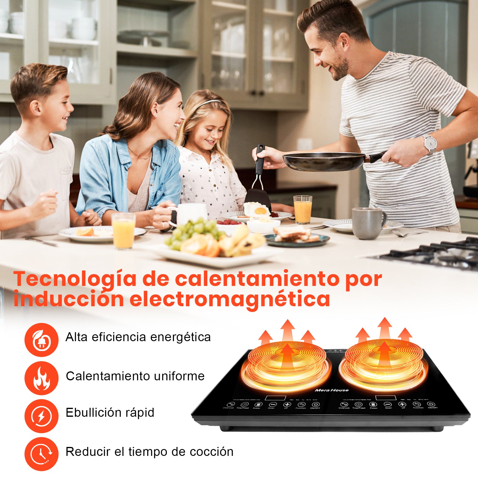 Mera House Parrilla de Inducción 2 Quemadores 2200W, Estufa de Inducción con 10 Niveles + 10 Programas Táctiles, Panel de Vidrio Microcristalino Negro Antiarañazos, Fácil Limpieza