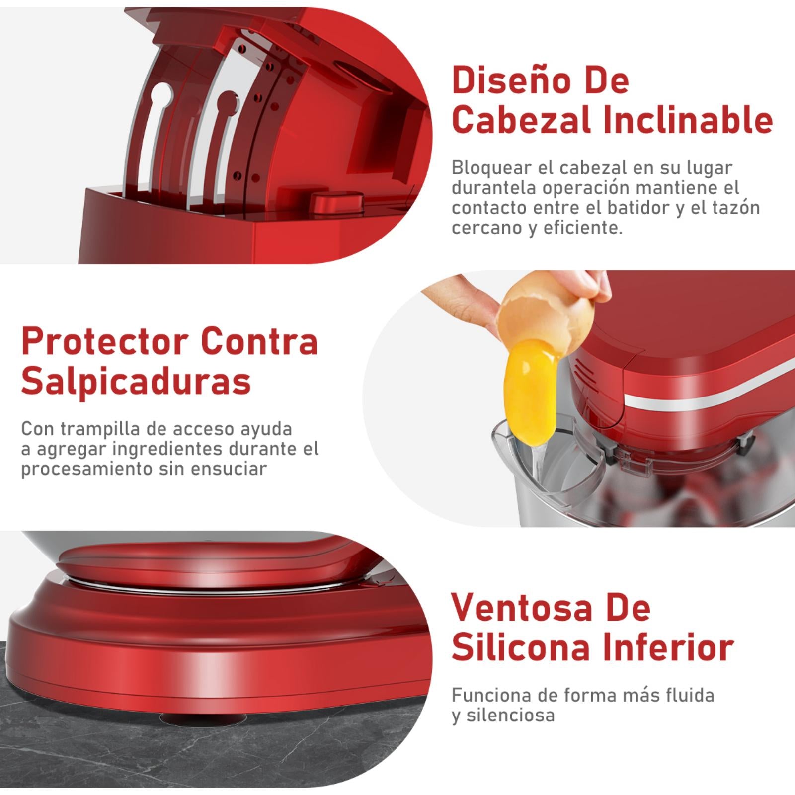 SDYJ6GSW Batidora de Pedestal, rojo,6 Velocidades, 1500W, Turbo, Acero Inoxidable, 5 Litros, 3 Accesorios Incluidos