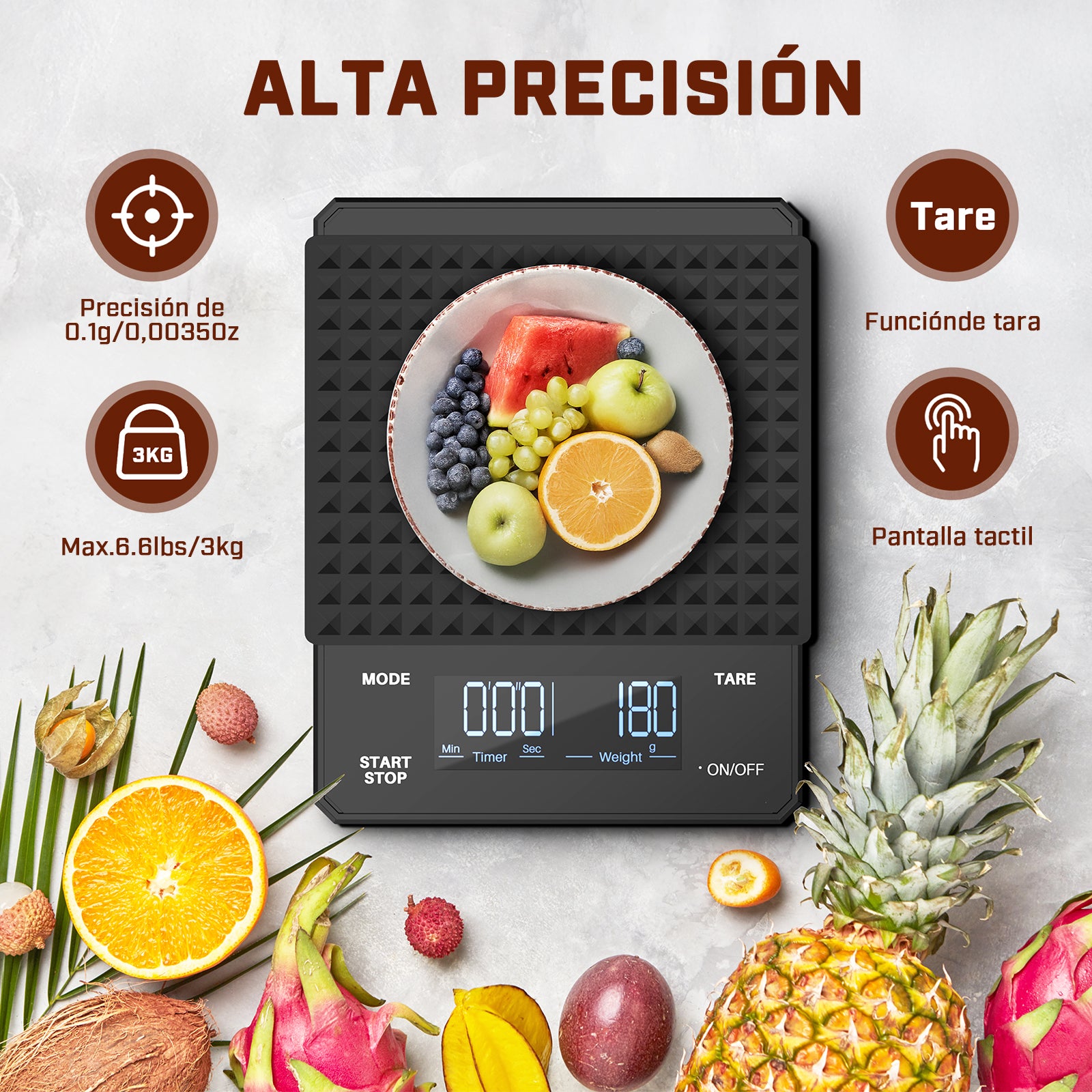 Mera House Báscula de Café Digital, Alta Precisión 3 kg/0,1 g, USB Recargable, Pantalla LED con Temporizador, Unidades g, oz, ml, Báscula para Café, Cocina y Hornear