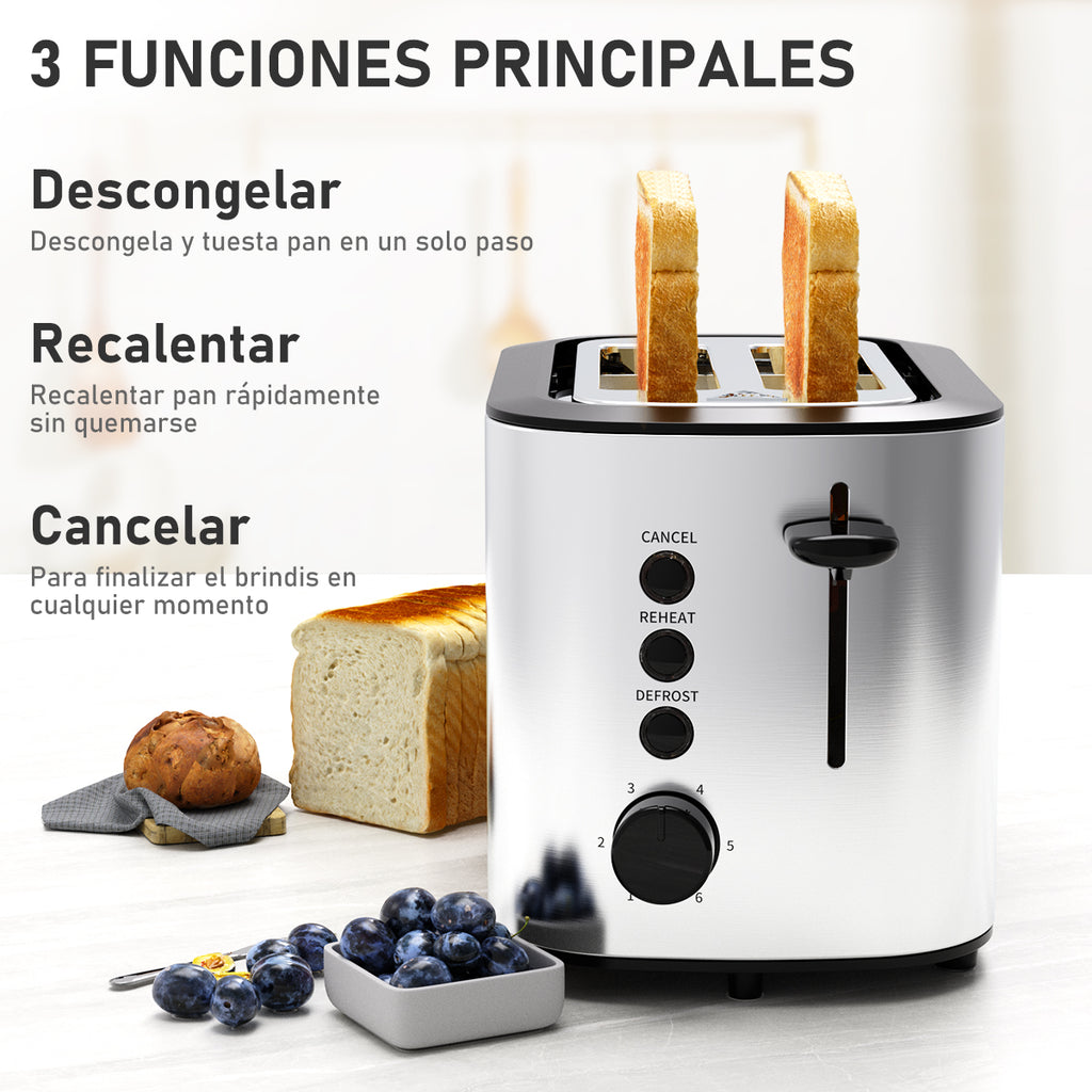 Tostador de Pan Mera House para 2 Rebanadas, Acero Inoxidable con Ranuras Extra Anchas, 6 Niveles de Tostado, Descongelar, Recalentar y Bandeja para Migas