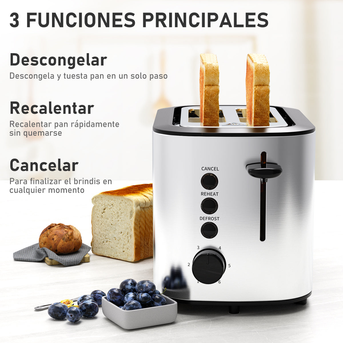 Tostador de Pan Mera House para 2 Rebanadas, Acero Inoxidable con Ranuras Extra Anchas, 6 Niveles de Tostado, Descongelar, Recalentar y Bandeja para Migas