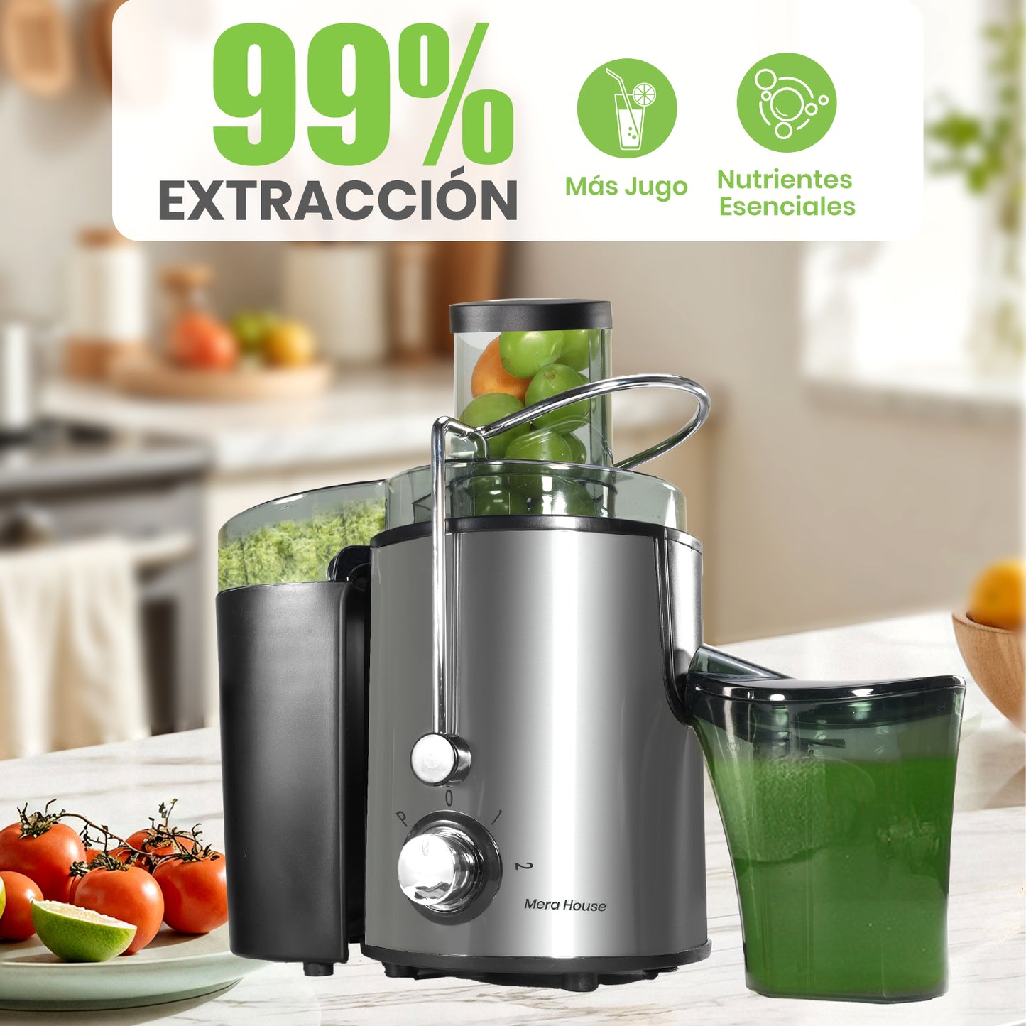 Mera House Extractor de Jugo Eléctrico 800W, Exprimidor Centrífugo con 3 Velocidades y Boca de 8cm, Estractor Electrico Jugos Frutas y Verduras, 600ml, Fácil de Limpiar y Desmontar