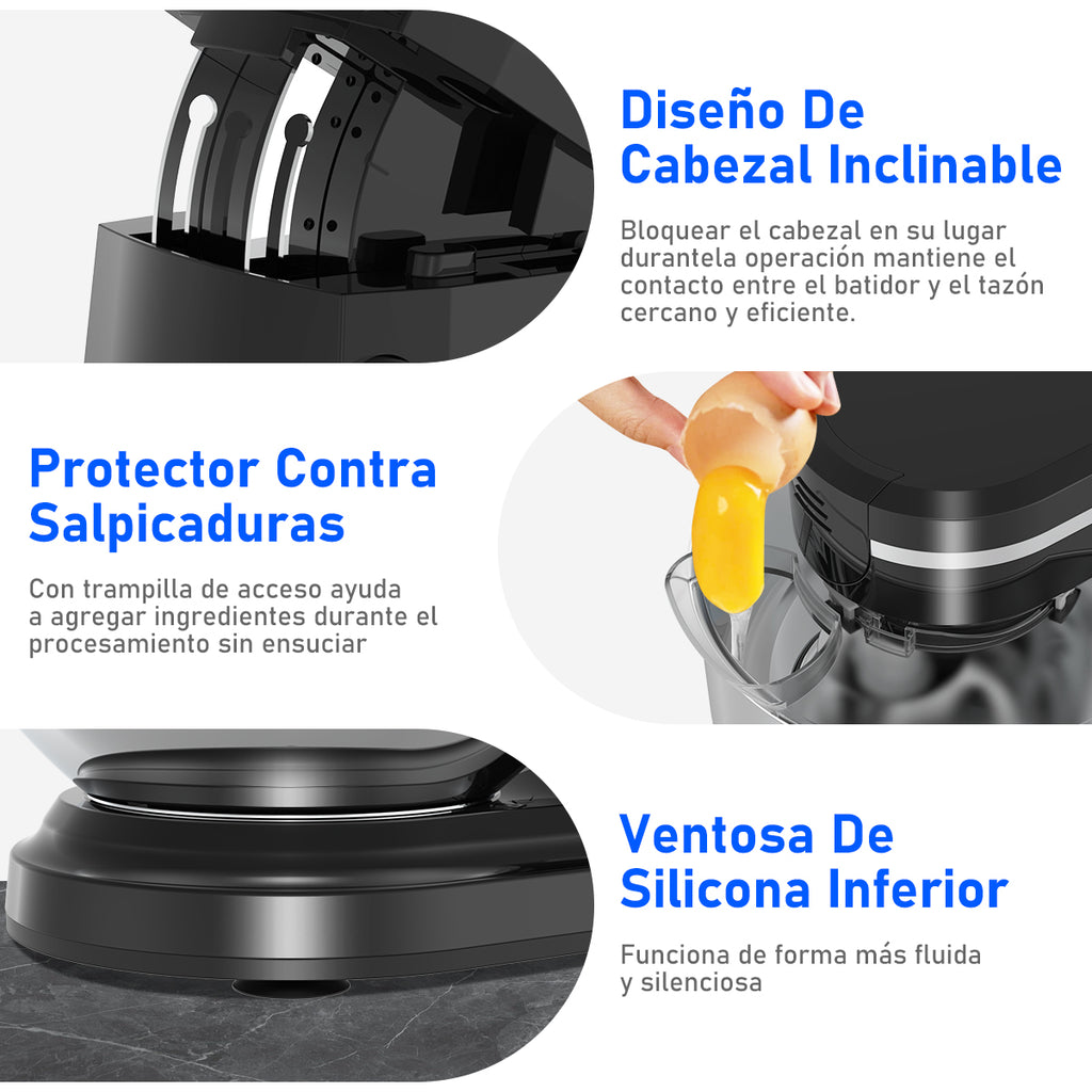 SDYJ6GSW Batidora de Pedestal, negro,6 Velocidades, 1500W, Turbo, Acero Inoxidable, 5 Litros, 3 Accesorios Incluidos