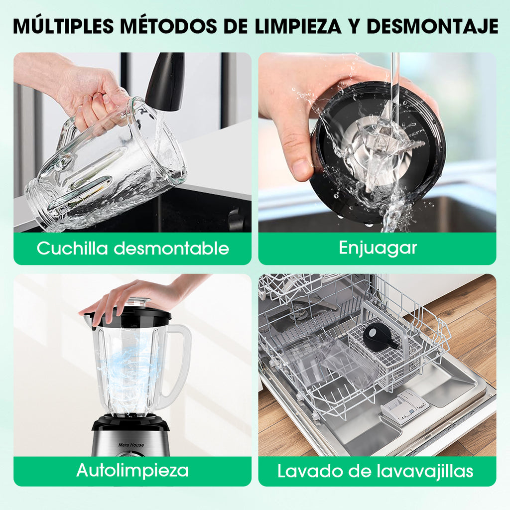 Mera House Licuadora 3 en 1 con vaso de vidrio 2L, 1000W de potencia para licuados y hielo, 3 velocidades, incluye vaso portátil y molino, un electrodoméstico pequeño ideal para tu cocina
