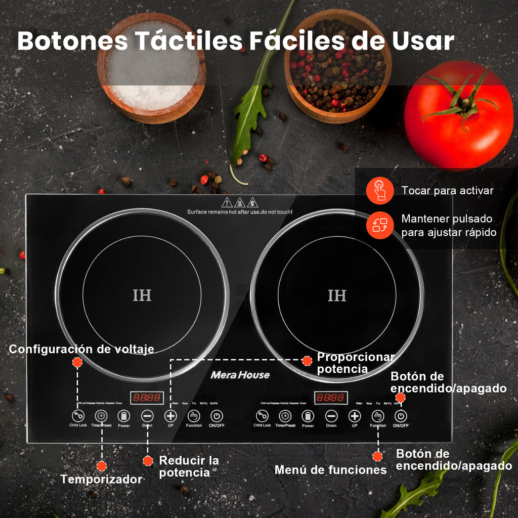 Mera House Parrilla de Inducción 2 Quemadores 2200W, Estufa de Inducción con 10 Niveles + 10 Programas Táctiles, Panel de Vidrio Microcristalino Negro Antiarañazos, Fácil Limpieza
