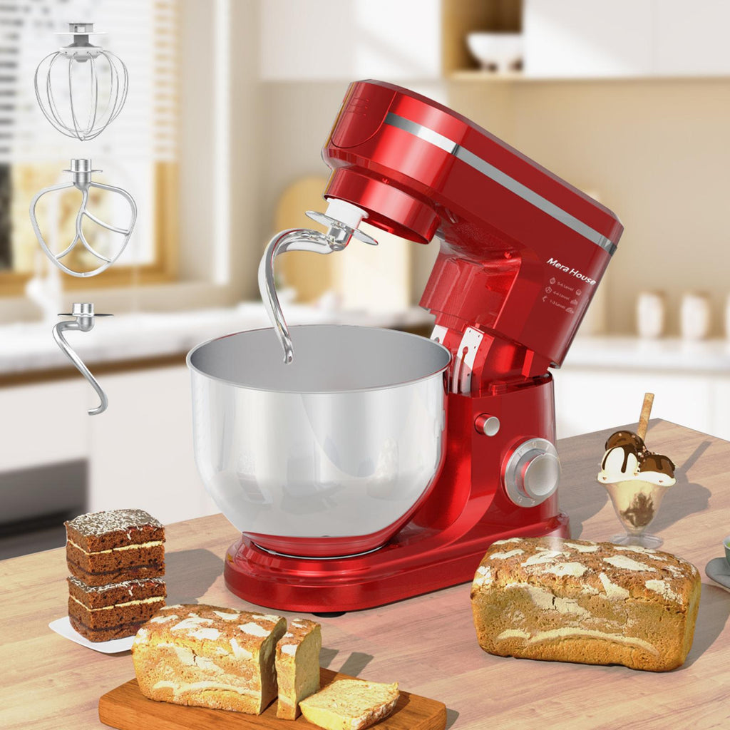 SDYJ6GSW Batidora de Pedestal, rojo,6 Velocidades, 1500W, Turbo, Acero Inoxidable, 5 Litros, 3 Accesorios Incluidos