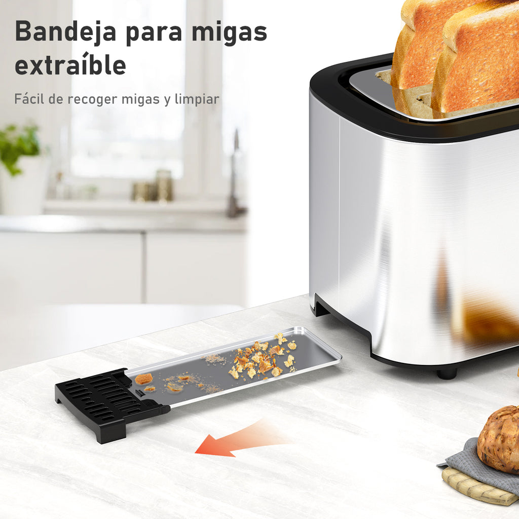 Tostador de Pan Mera House para 2 Rebanadas, Acero Inoxidable con Ranuras Extra Anchas, 6 Niveles de Tostado, Descongelar, Recalentar y Bandeja para Migas