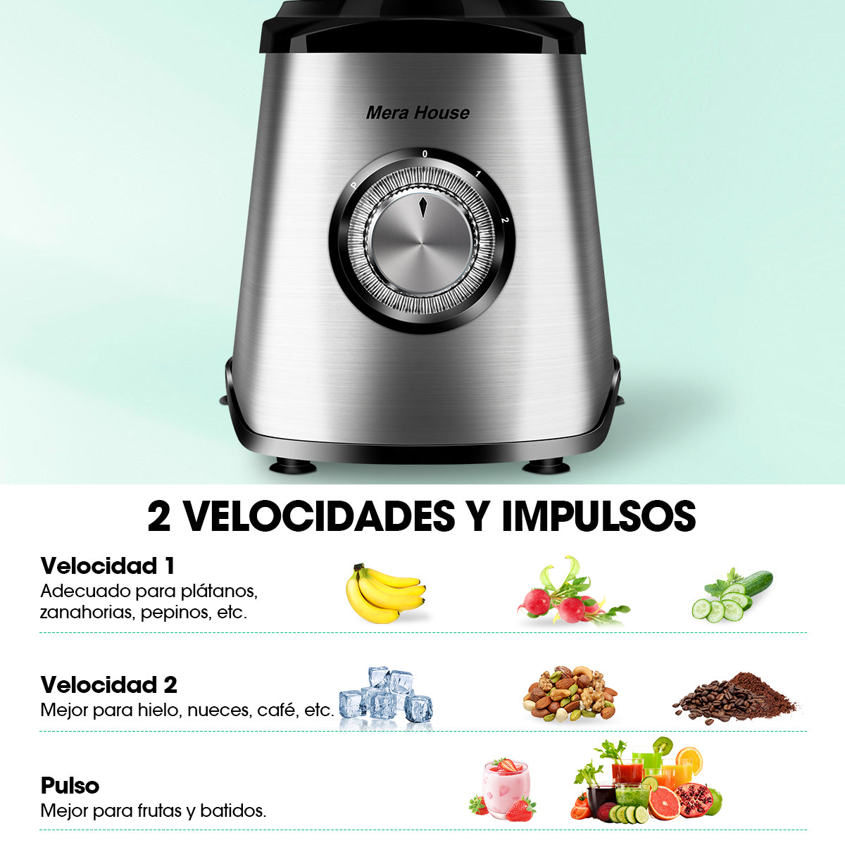 Mera House Licuadora 3 en 1 con vaso de vidrio 2L, 1000W de potencia para licuados y hielo, 3 velocidades, incluye vaso portátil y molino, un electrodoméstico pequeño ideal para tu cocina
