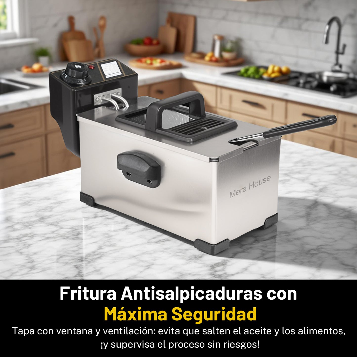 Mera House Freidora de Aceite Eléctrica 3L de Acero Inoxidable, 1400W, con Gran Cesta de Filtro, Temperatura Ajustable 60-200 °C, Freído a Temperatura Constante, Fácil de Limpiar
