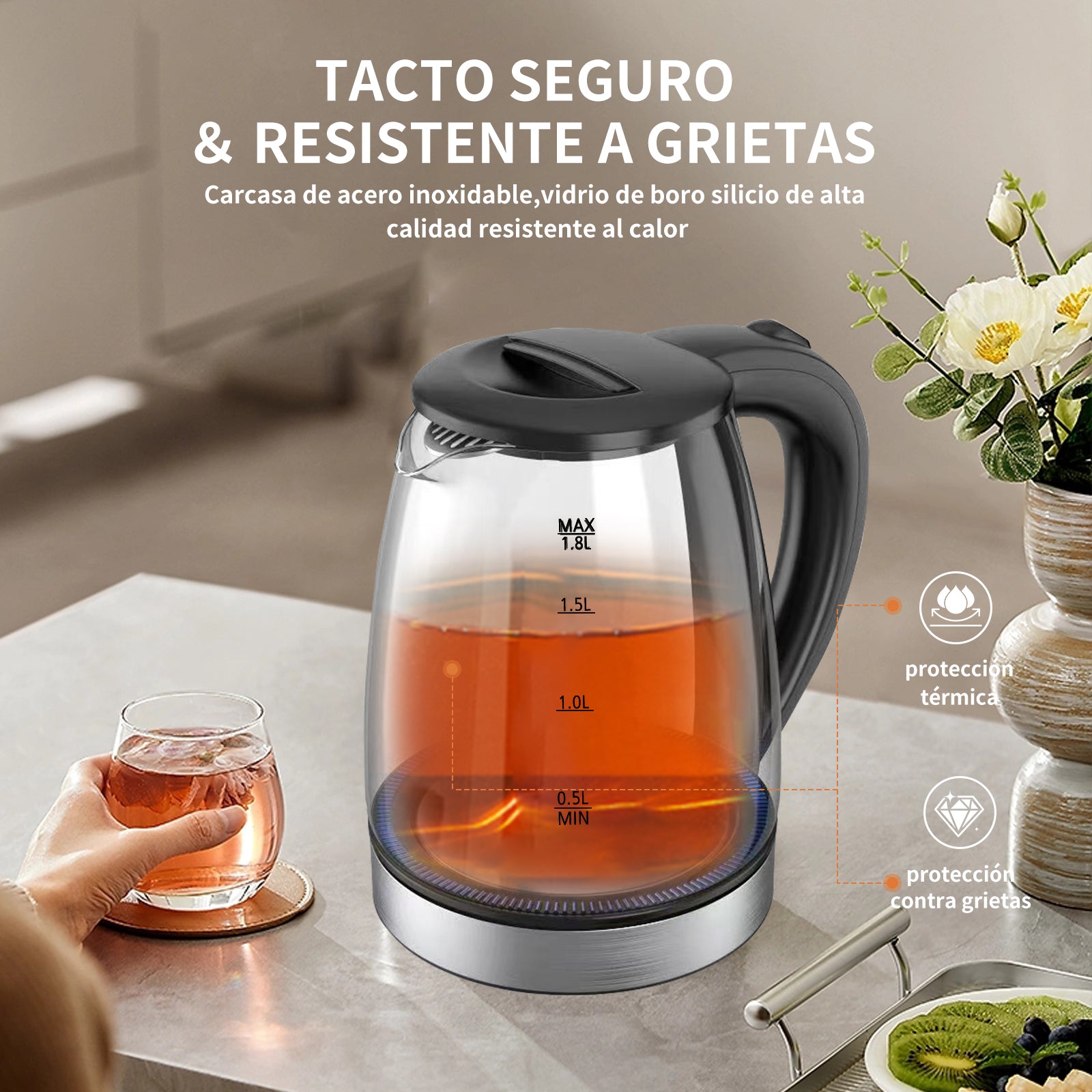 Tetera Eléctrica de Vidrio Mera House 1.8L 1000W con Luz LED, Apagado Automático y Protección Hervido Seco, Ideal para Té, Café, Sopas y Más