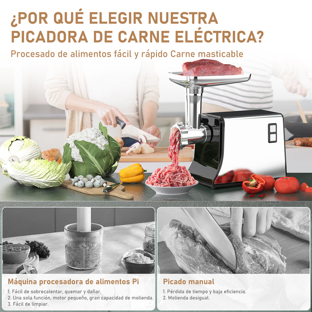 Molino de carne eléctrico 800W, moledor de carne con 3 placas de corte, kit de salchichas, carcasa de acero inoxidable, motor de cobre duradero, picadora de alimentos profesional para cocina doméstica