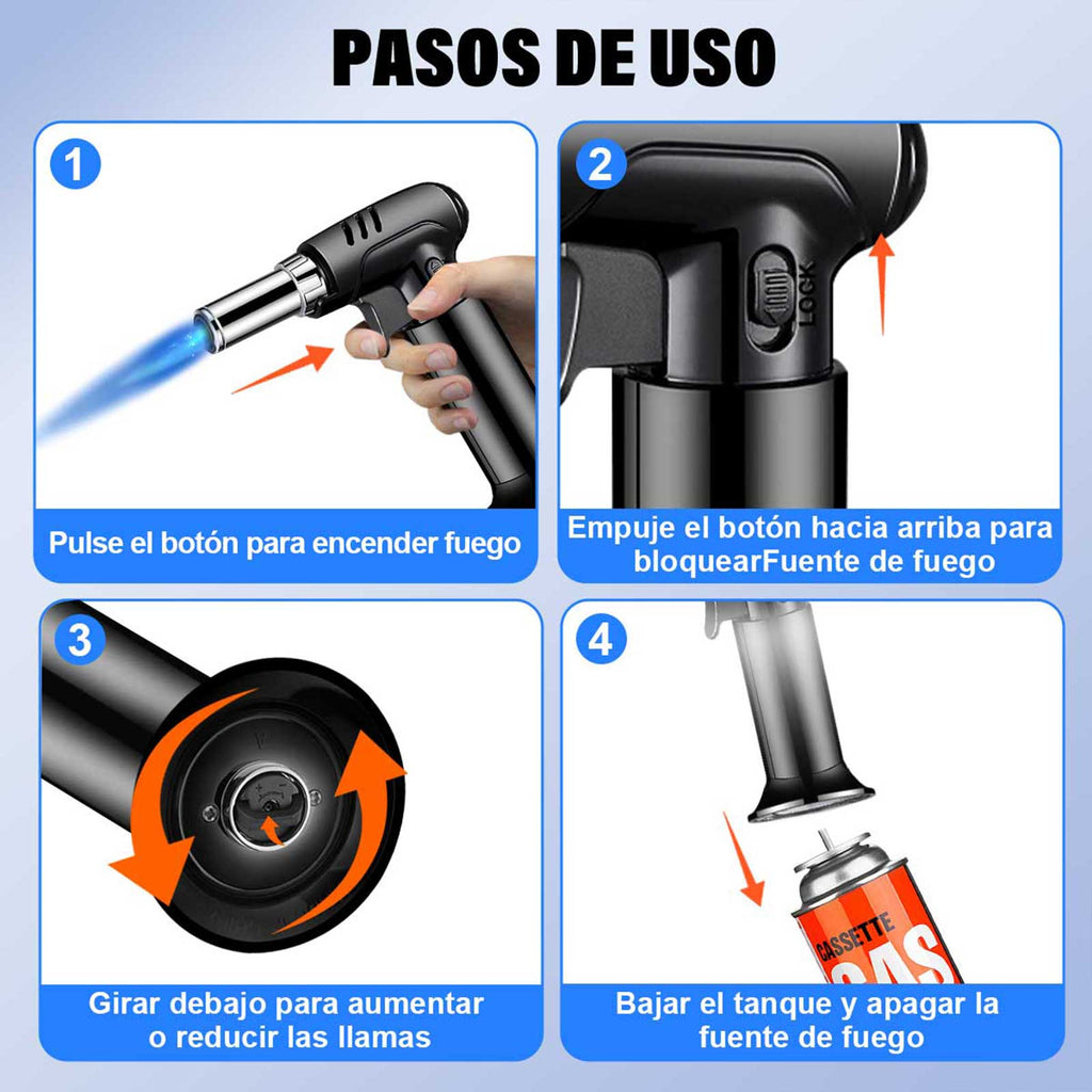Mera House Soplete de Cocina Profesional Recargable de Gas Butano con Cierre de Seguridad, Llama Ajustable y Bloqueo – Antorcha de Cocina Invertible para Repostería, Barbacoa y Camping (Negro)