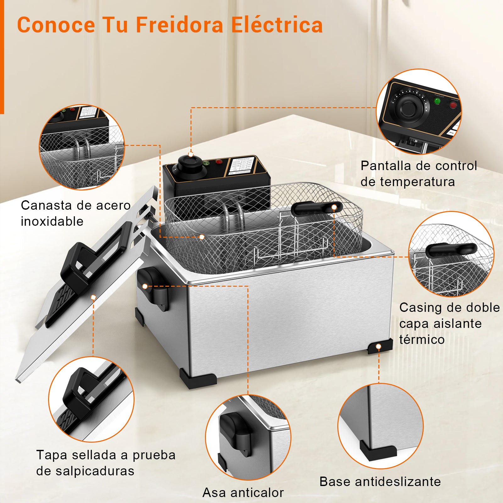 Mera House Freidora Eléctrica 5L 1400W Acero Inoxidable - Temperatura Constante | Incluye Colador y Divisor | Seguridad Antisobrecarga