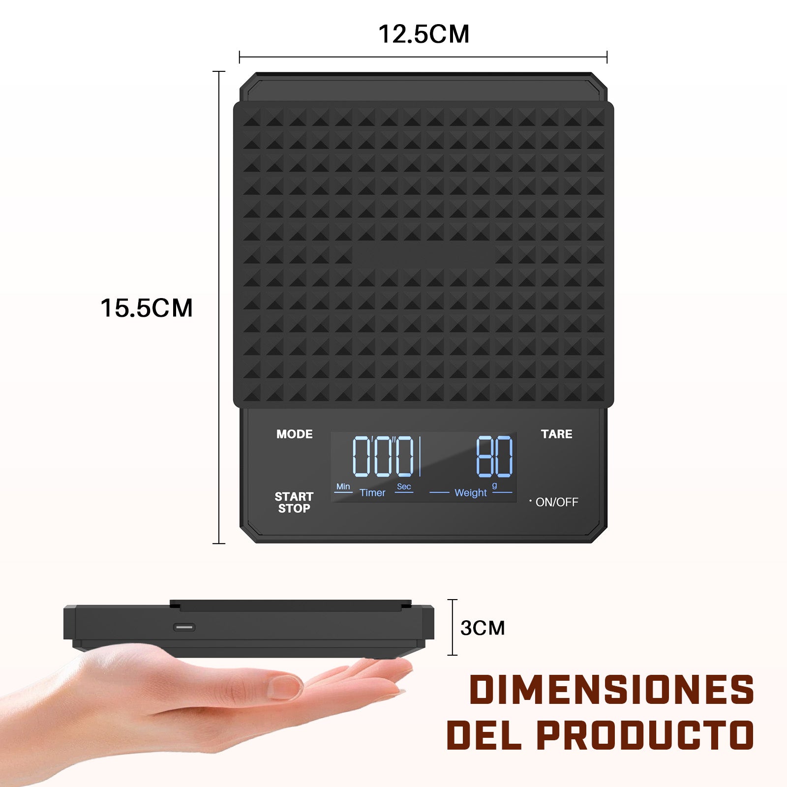 Mera House Báscula de Café Digital, Alta Precisión 3 kg/0,1 g, USB Recargable, Pantalla LED con Temporizador, Unidades g, oz, ml, Báscula para Café, Cocina y Hornear