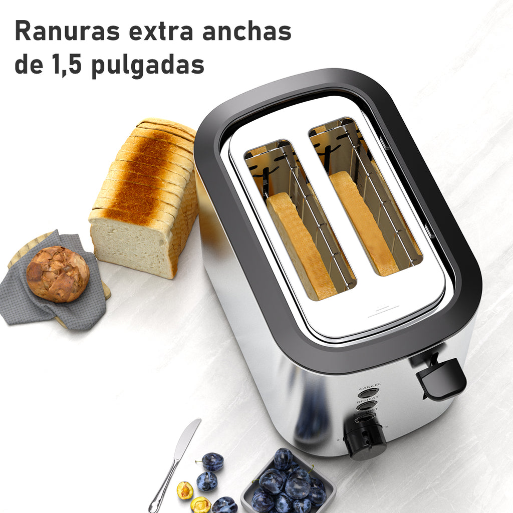 Tostador de Pan Mera House para 2 Rebanadas, Acero Inoxidable con Ranuras Extra Anchas, 6 Niveles de Tostado, Descongelar, Recalentar y Bandeja para Migas