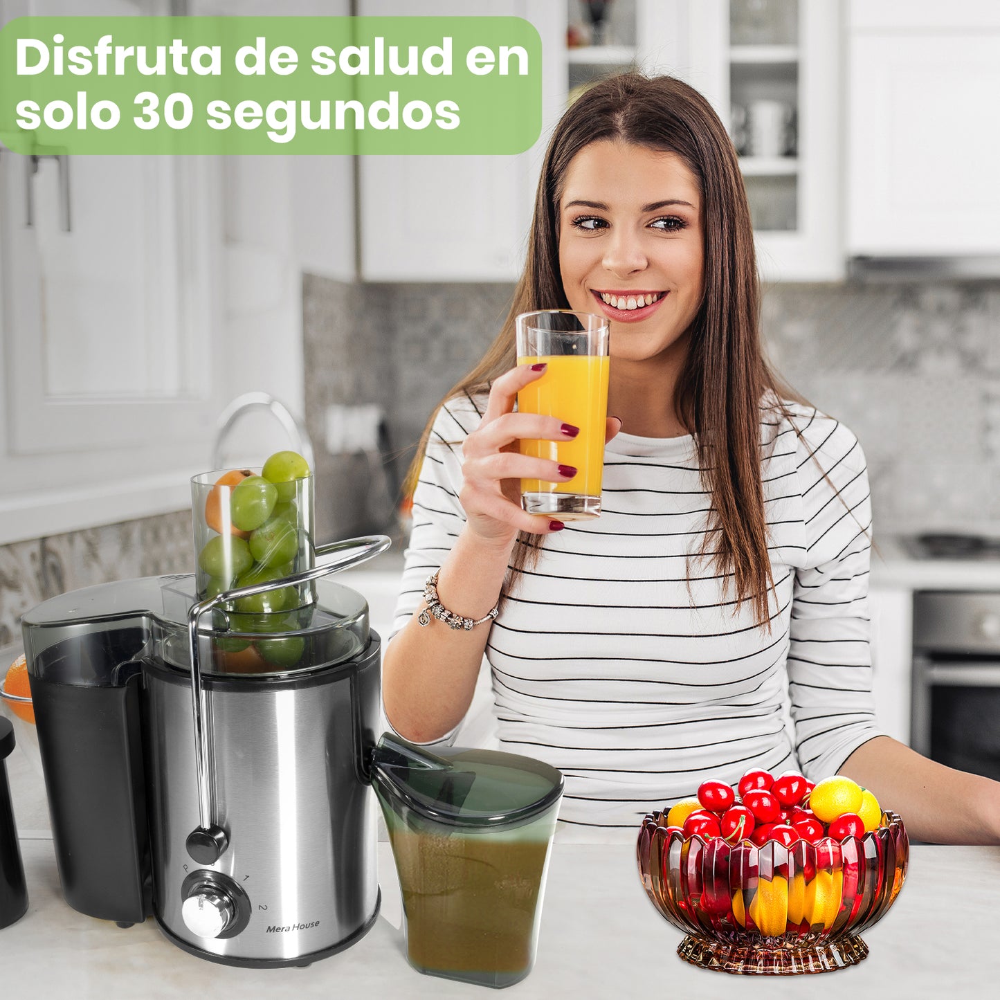 Mera House Extractor de Jugo Eléctrico 800W, Exprimidor Centrífugo con 3 Velocidades y Boca de 8cm, Estractor Electrico Jugos Frutas y Verduras, 600ml, Fácil de Limpiar y Desmontar