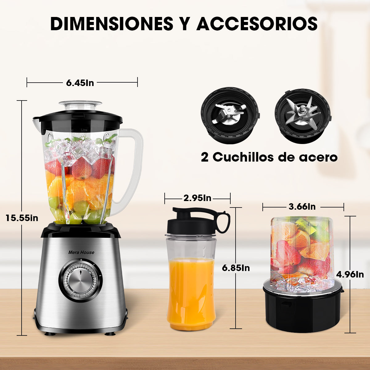 Mera House Licuadora 3 en 1 con vaso de vidrio 2L, 1000W de potencia para licuados y hielo, 3 velocidades, incluye vaso portátil y molino, un electrodoméstico pequeño ideal para tu cocina