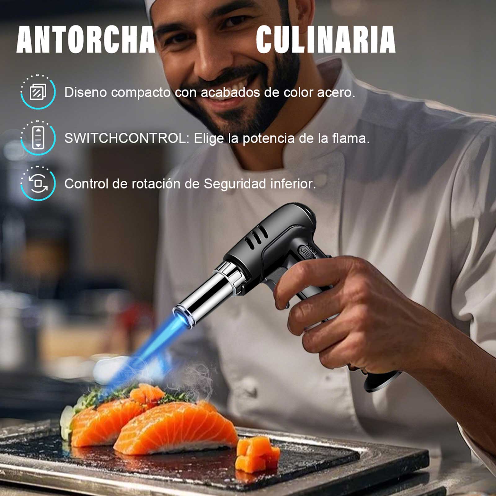 Mera House Soplete de Cocina Profesional Recargable de Gas Butano con Cierre de Seguridad, Llama Ajustable y Bloqueo – Antorcha de Cocina Invertible para Repostería, Barbacoa y Camping (Negro)
