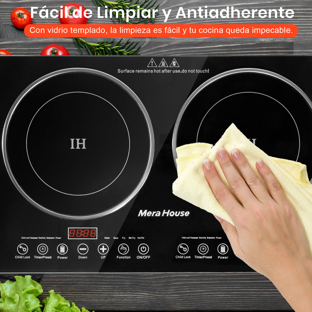 Mera House Parrilla de Inducción 2 Quemadores 2200W, Estufa de Inducción con 10 Niveles + 10 Programas Táctiles, Panel de Vidrio Microcristalino Negro Antiarañazos, Fácil Limpieza