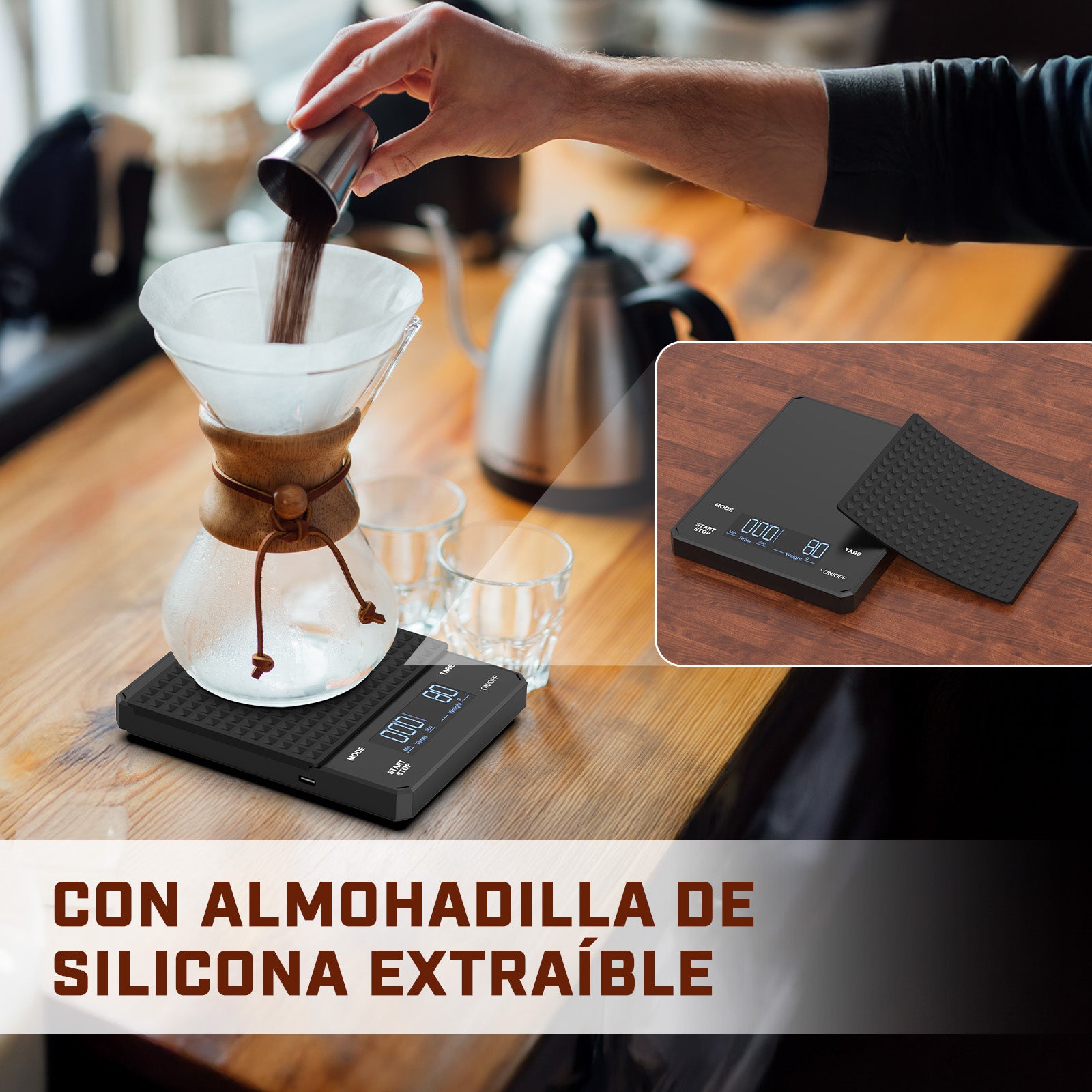 Mera House Báscula de Café Digital, Alta Precisión 3 kg/0,1 g, USB Recargable, Pantalla LED con Temporizador, Unidades g, oz, ml, Báscula para Café, Cocina y Hornear
