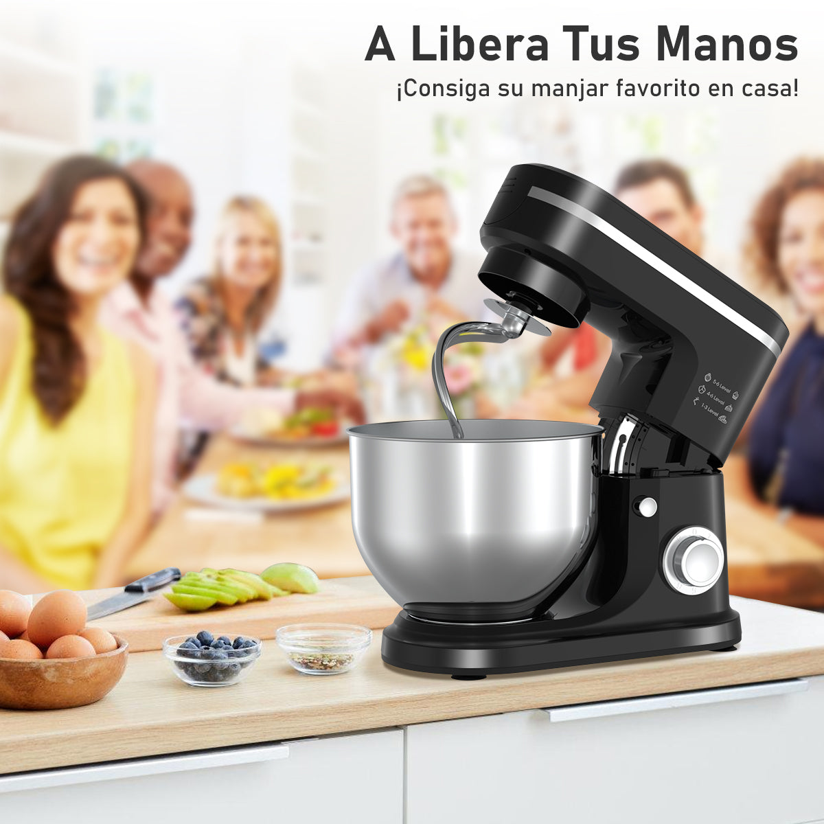 SDYJ6GSW Batidora de Pedestal, negro,6 Velocidades, 1500W, Turbo, Acero Inoxidable, 5 Litros, 3 Accesorios Incluidos
