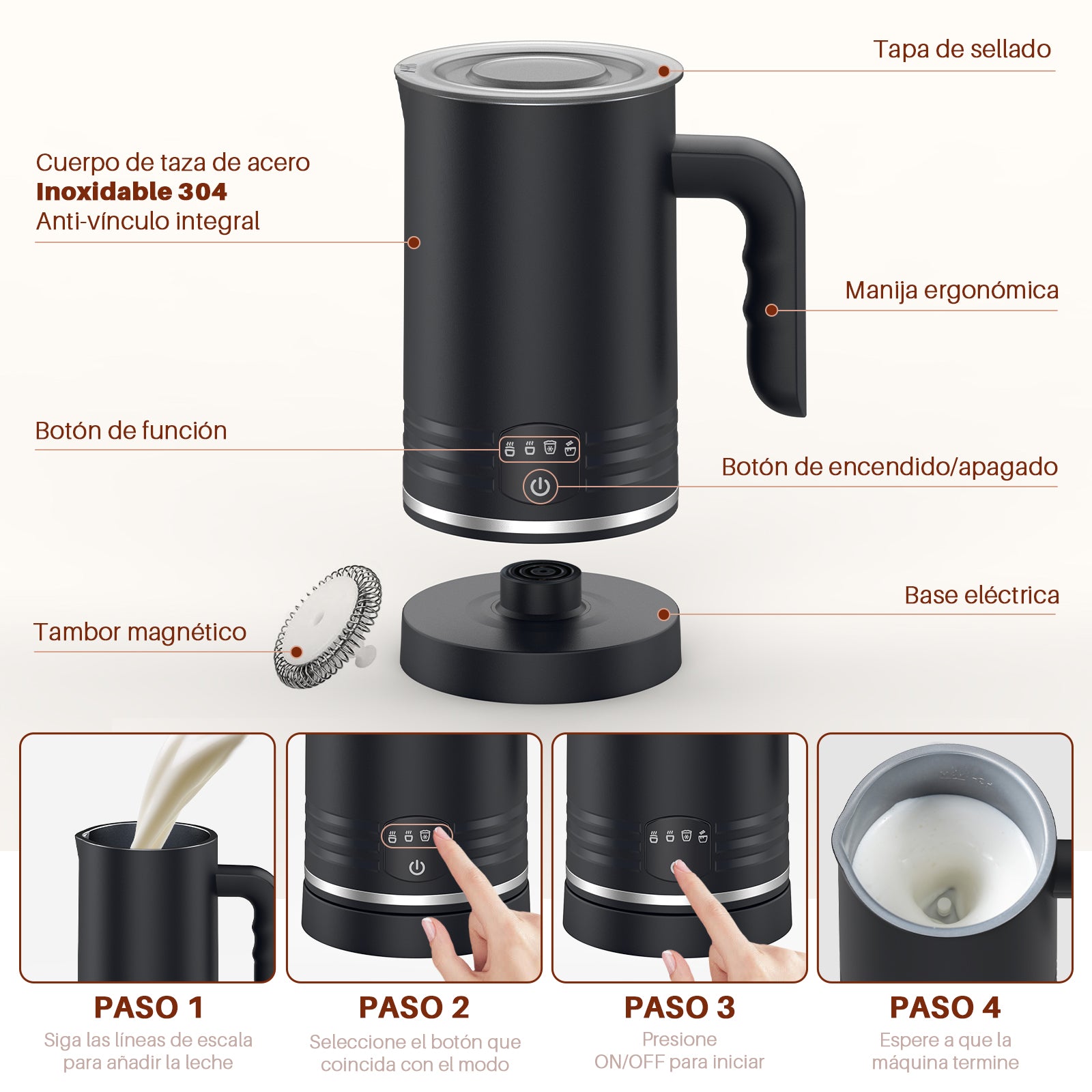 Espumador de Leche Eléctrico Mera House 4 en 1, 600ml 400W,