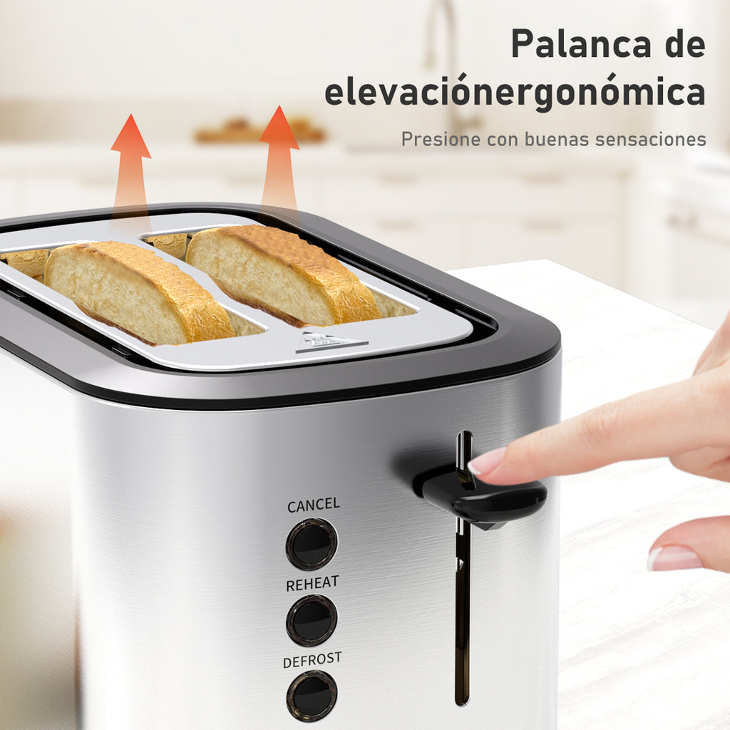 Tostador de Pan Mera House para 2 Rebanadas, Acero Inoxidable con Ranuras Extra Anchas, 6 Niveles de Tostado, Descongelar, Recalentar y Bandeja para Migas