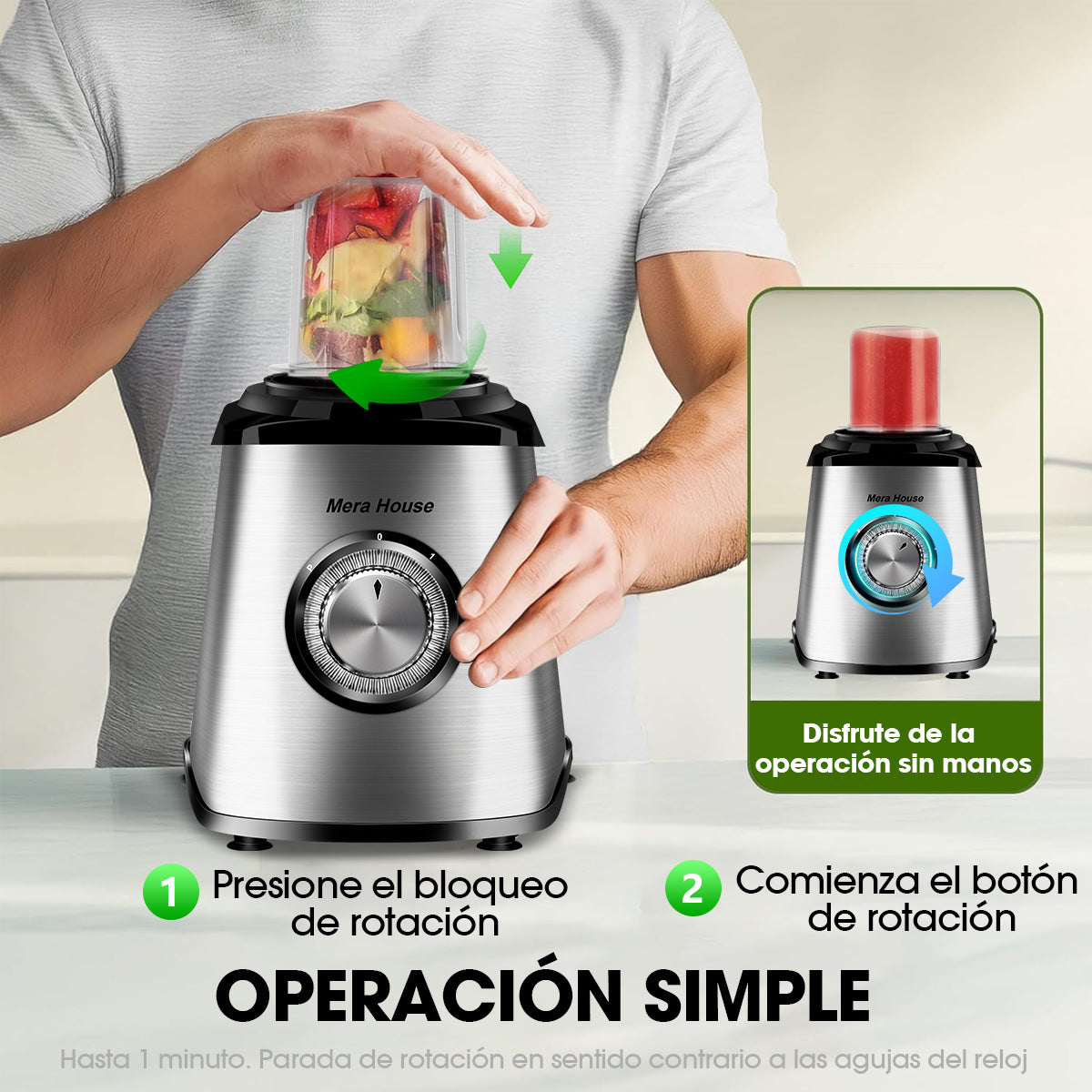 Mera House Licuadora 3 en 1 con vaso de vidrio 2L, 1000W de potencia para licuados y hielo, 3 velocidades, incluye vaso portátil y molino, un electrodoméstico pequeño ideal para tu cocina