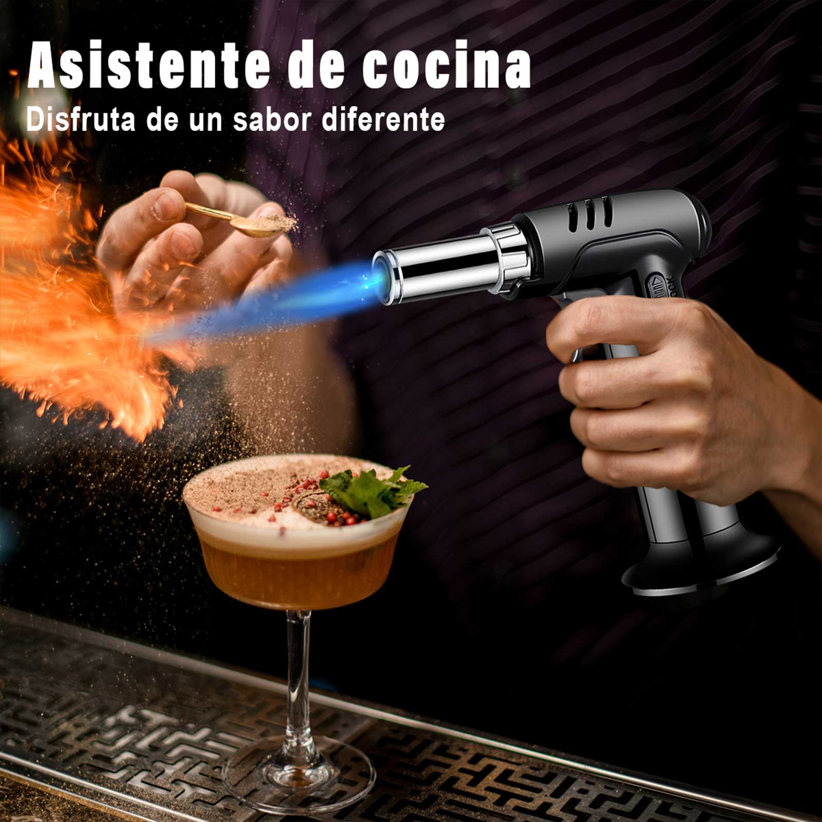 Mera House Soplete de Cocina Profesional Recargable de Gas Butano con Cierre de Seguridad, Llama Ajustable y Bloqueo – Antorcha de Cocina Invertible para Repostería, Barbacoa y Camping (Negro)